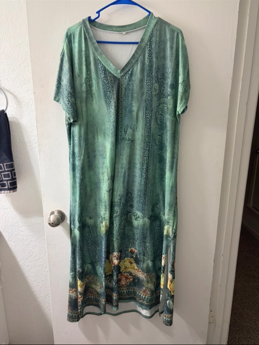 Green Floral Border V-Neck Women’s Dress